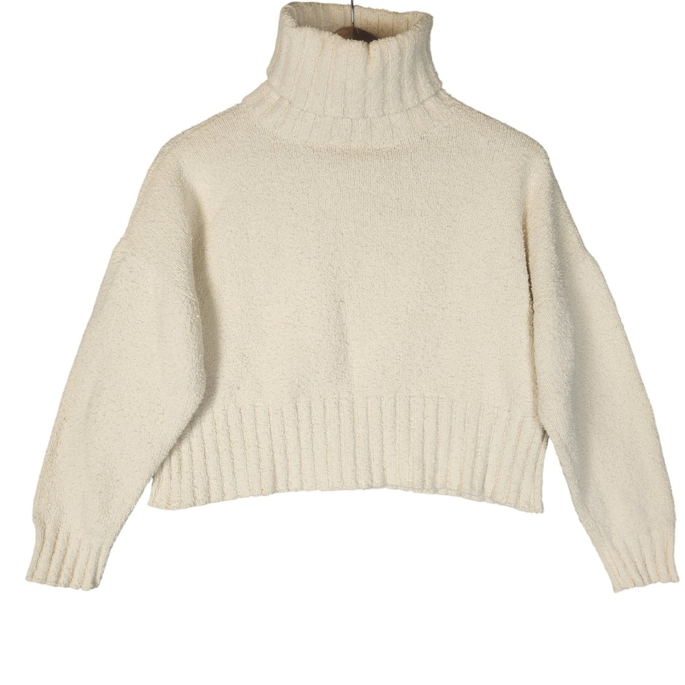 Caron Callahan Sweater Small Cream Cotton Bouclé Turtleneck Cropped Relaxed Fit